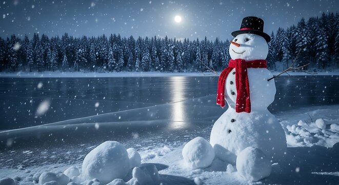 Snowman with red scarf and black hat by frozen lake at night with full moon and falling snow winter - Powered by Adobe