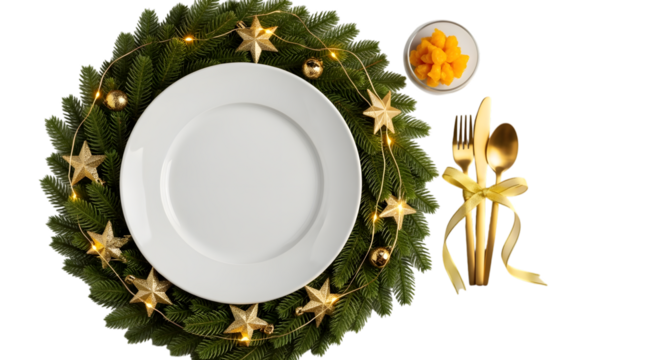Christmas dinner setting with wreath and golden cutlery on black background - Powered by Adobe