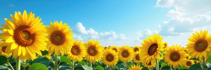 Fototapeta premium Vibrant sunflowers bask in a vast, sunny sky, creating a breathtaking landscape of golden hues and endless blue Perfect for summer, nature, and happy themes , farm, botanical, sunflowers