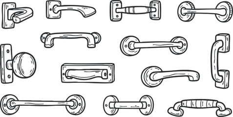 Obraz premium Hand-drawn vector illustration collection of various door and furniture handles for home design projects