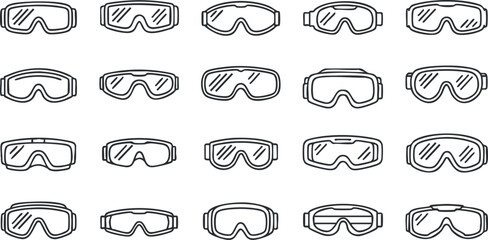 Lineart vector illustration set of various ski and snowboarding goggles for winter sports and outdoor activities
