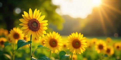 Obraz premium Vibrant sunflowers bask in the warm sunlight of a picturesque park, their golden petals creating a stunning natural display Perfect for summer, nature, and happy themes , sunflowers, yellow