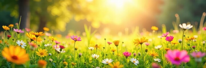Fototapeta premium Vibrant sunlit meadow bursting with wildflowers, creating a joyful, peaceful scene perfect for illustrating happiness and wellbeing , blossom, landscape