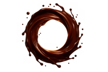 Chocolate liquid splash forming delicious dark brown swirl circle frame with sweet drops, transparent background