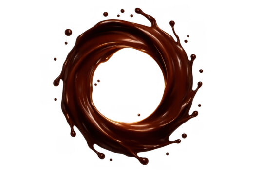Chocolate liquid splash forming delicious dark brown swirl circle frame with sweet drops, transparent background