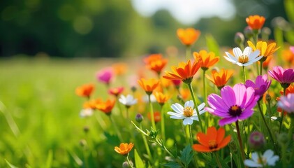 Fototapeta premium Vibrant wildflowers burst forth along a sunny field edge, a delightful display of natural border beauty Perfect for nature, spring, summer, and environmental themes , red, environment, growth