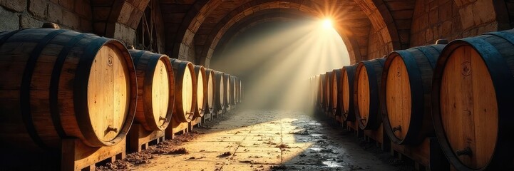 Vintage wine barrels stacked high in a rustic winery cellar, sunbeams illuminating dust motes A scene of old-world winemaking charm and history , antique, glasses, winery