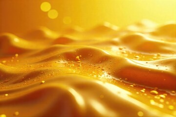 Viscous, golden liquid gracefully cascades downwards in slow motion, creating mesmerizing texture and patterns  Perfect for themes of fluidity, luxury, and time ,  backdrop,  texture