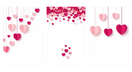 Pink and red paper hearts, featuring hanging elements and scattered patterns, for valentines day, love, and romance, isolated on transparent background