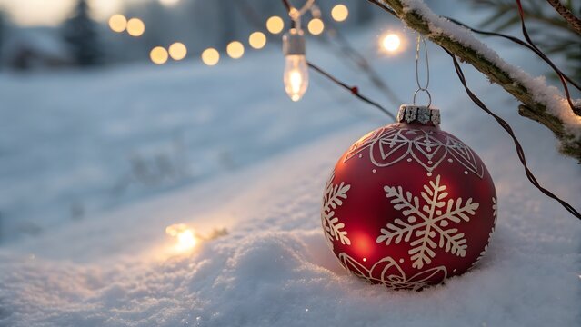 Close up of a single red christmas ornament with snowflake pattern resting in fresh snow with blurred festive string lights in the background