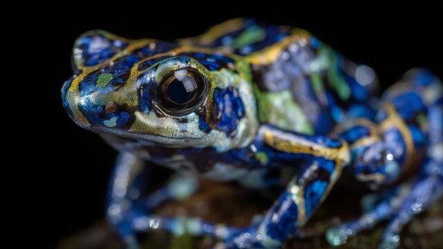 Close-up of a brightly colored rainforest frog with intricate patterns on its back, high-resolution detail on eyes and skin texture, nature stock image quality