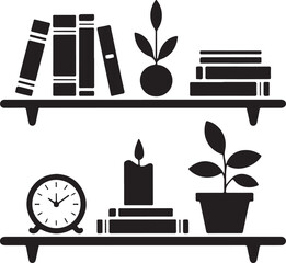 Minimal Black Silhouette Vector Set of Bookshelf Decor Books Clock Candle Pot