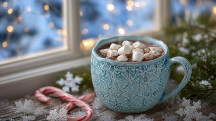 Close-up of a cozy winter scene with a handmade ceramic mug of steaming hot chocolate, fluffy marshmallows floating on top, surrounded by candy canes, pine branches, and snowflakes - Powered by Adobe