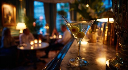 Martini with olives on bar with blurred patrons cocktail