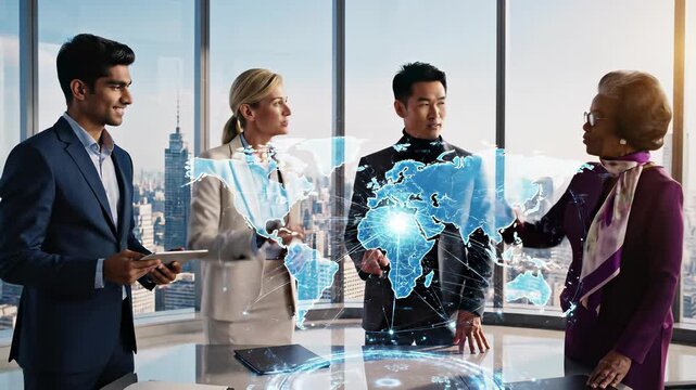 Business stakeholders gathered around conference table analyzing market trends, showcasing global cooperation and collaboration in a 4K UHD video ideal for corporate presentations.
