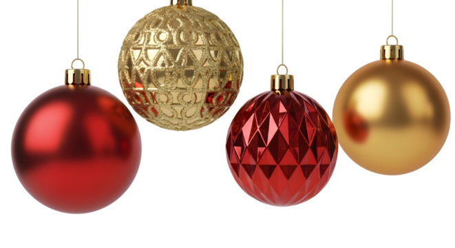 Four festive christmas ornaments in red and gold against a black background