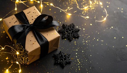 A brown kraft paper gift box with black dots and a shiny black ribbon sits on a dark surface, surrounded by black snowflakes, golden glitter, and warm yellow fairy lights—evoking elegant holiday celeb