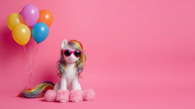 Fun rainbow pony with balloons against pink backdrop