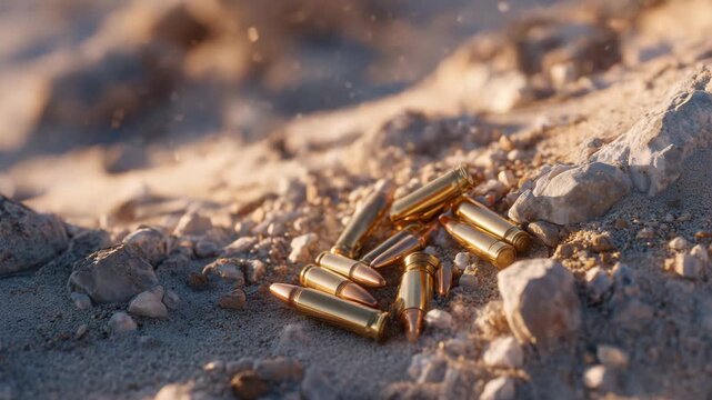 Close-up of empty shell casings among pebbles and dust, golden metal glowing softly under low sunlight, evoking desolation and quiet reflection