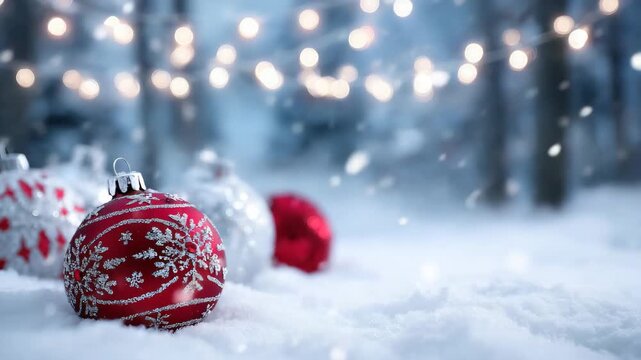 Close-up of glittering red and silver holiday ornaments half-buried in soft snow, background aglow with string lights and soft-focus Christmas magic