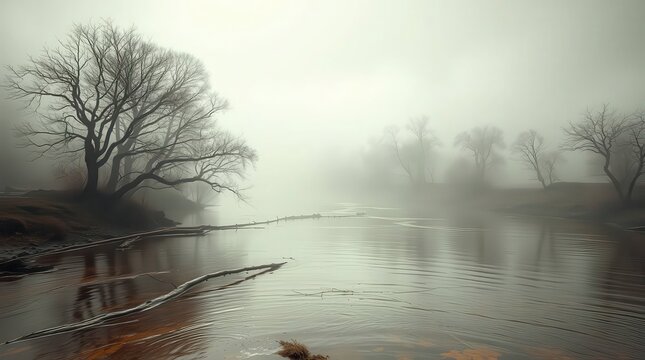 Eerie foggy landscape with river and bare trees
