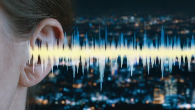 Close-up of human ear with abstract muted waveforms and subtle color gradients, visualizing ear discomfort and auditory impairment