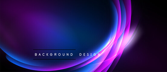 Abstract background features flowing curves, vibrant purple, blue hues. Modern design creates dynamic visual effect. Smooth gradients dominate composition.