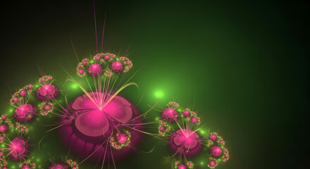 Abstract fractal floral design showcasing intricate magenta blossoms with glowing green accents, radiating complex geometric patterns against a verdant gradient backdrop symbolizing digital art