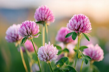 Lush clover field adorned with vibrant pink blossoms, showcasing nature's beauty and tranquility, perfect for illustrating peaceful landscapes and floral themes