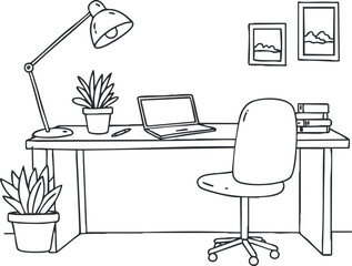Minimalist line art illustration of a stylish desk workspace featuring a laptop, lamp, plants, and chair for home office design