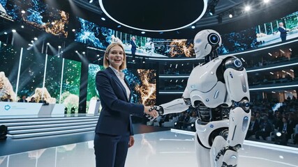 Woman shaking hands with humanoid robot on stage in modern conference hall with large screens and audience