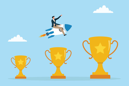 Vector illustration of a businessman riding a rocket above increasing trophy sizes, symbolizing achievement, career growth, business success, motivation, and rising performance levels
