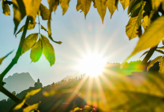 Scenic sunset autumn view of the Church in the village of Colle Santa Lucia, Dolomites, Italy, Europe