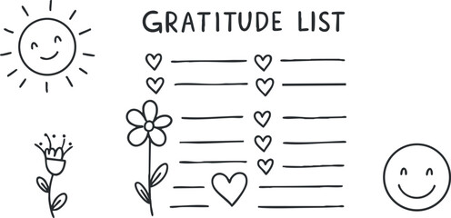 Hand-drawn vector illustration of a gratitude list featuring cheerful elements like the sun, flowers, and hearts for wellness and mindfulness.