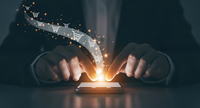 Hands of a businessman interacting with a smartphone, showcasing online shopping experience with animated shopping cart icons and glowing effects, emphasizing digital commerce concept