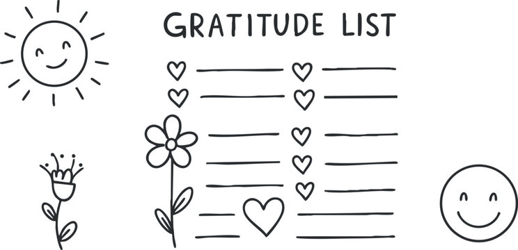 Hand-drawn vector illustration of a gratitude list featuring cheerful elements like the sun, flowers, and hearts for wellness and mindfulness.