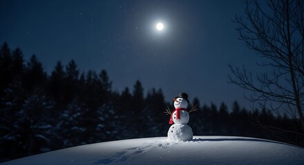 Snowman standing on snowy hill under full moon and starry night sky with dark forest background winter
