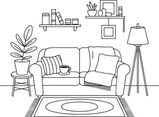 Minimal Black Silhouette Vector Set of Cozy Sofa Corner Sofa Blanket Pillow Coffee Cup Rug Lamp Plant