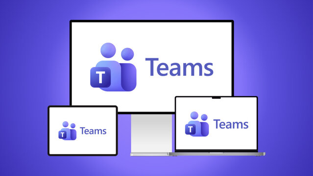 Microsoft 365 Office icons. The Teams icon on a computer screen, phone screen, and tablet screen. Vector editorial illustration