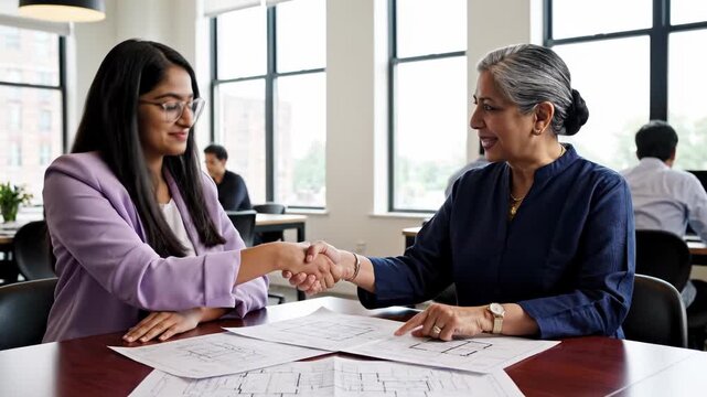 Two women shaking hands over architectural blueprints at desk in modern office with large windows
