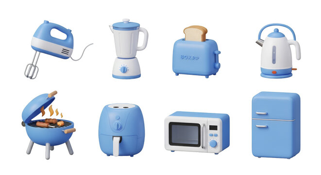 Collection of cute blue miniature kitchen appliance toys including a mixer, blender, toaster, kettle, grill, air fryer, microwave, and refrigerator isolated on transparent background