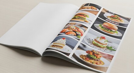 Open magazine or menu mockup displaying vibrant food images on one page, with a blank page for custom content