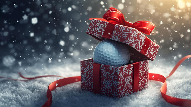a white new golf ball in a red christmas box with a shiny red ribbon in a small box in the snow at night, ai