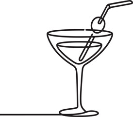 Minimalist Continuous Line Art Stylized Cocktail Glass with Straw and Olive