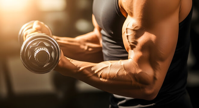 Close up of a muscular man lifting a dumbbell in a gym, showcasing his toned biceps and strength training