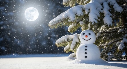 Smiling snowman with carrot nose under snowy pine tree with full moon and falling snow winter evergreen