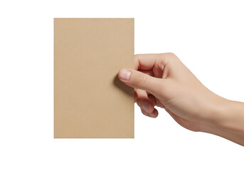 Hand holding a blank brown card isolated on transparent background
