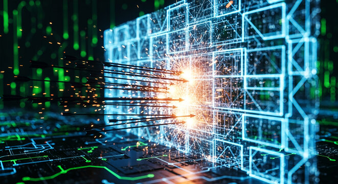 Digital Arrows Impacting Glowing Blue Grid with Sparks and Green Circuit Board technology data