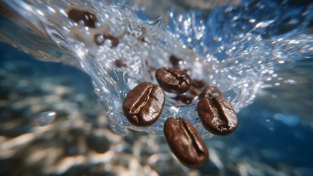 Coffee beans suspended in slow motion under water, surrounded by streams of microbubbles, sunlight scattering through ripples creating a tranquil liquid world