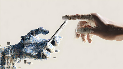 Human hand interacting with futuristic digital pixels
